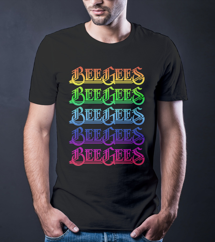 Bee Gees Rainbow Text Multi-Color Typography T-Shirt