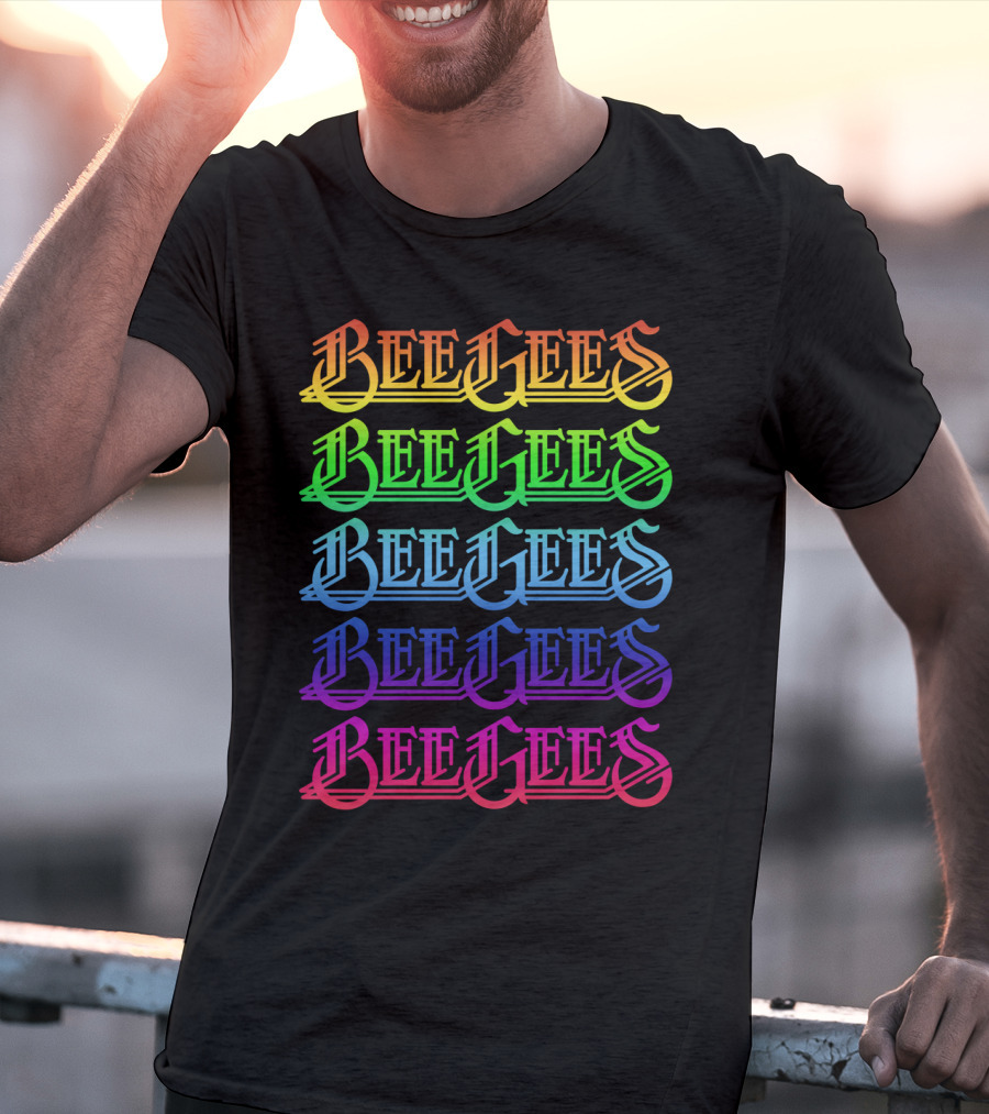 Bee Gees Rainbow Text Multi-Color Typography T-Shirt