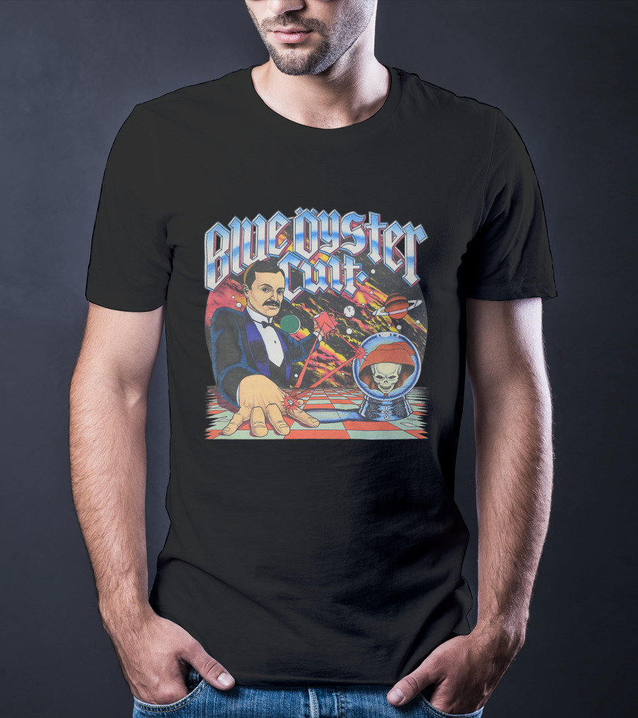 Blue Öyster Cult Science Fiction Cosmic Man And Alien Skull Planets T-Shirt