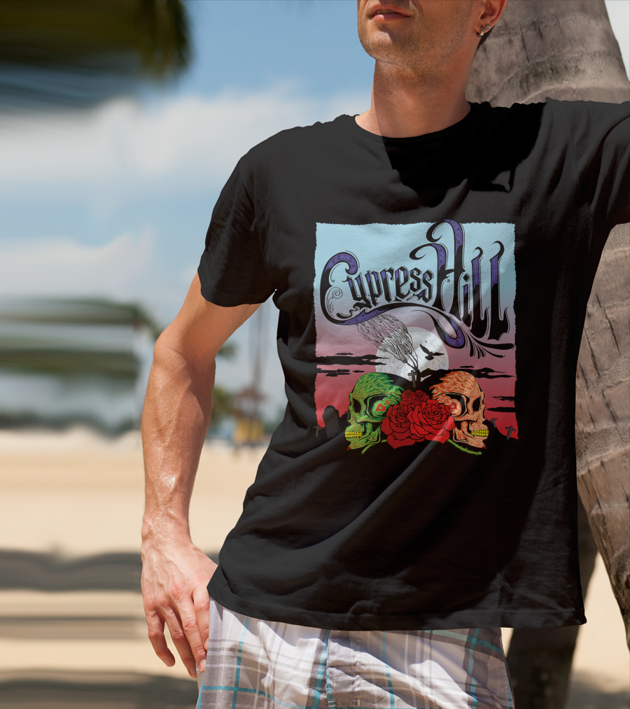 Cypress Hill Two Skulls And Roses With Moon And Raven T-Shirt