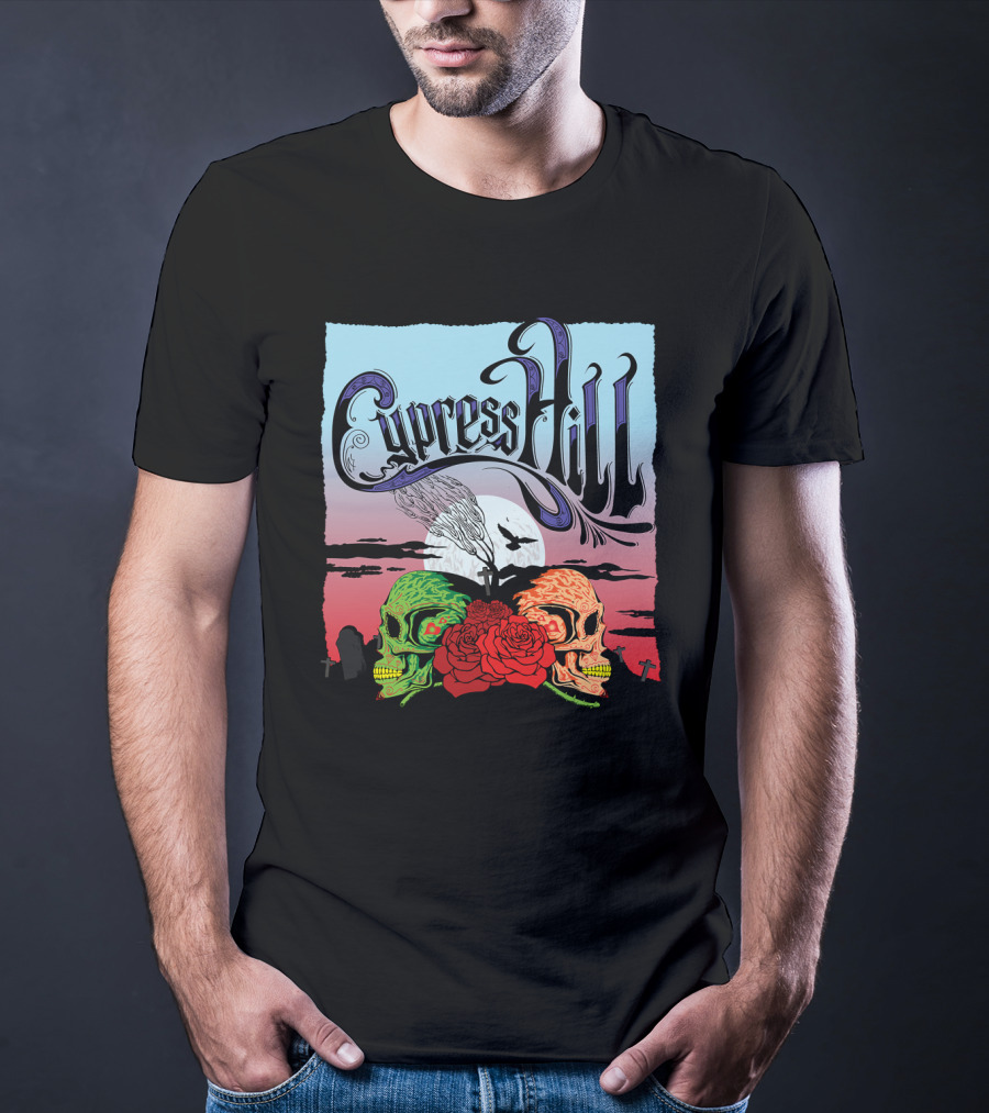 Cypress Hill Two Skulls And Roses With Moon And Raven T-Shirt