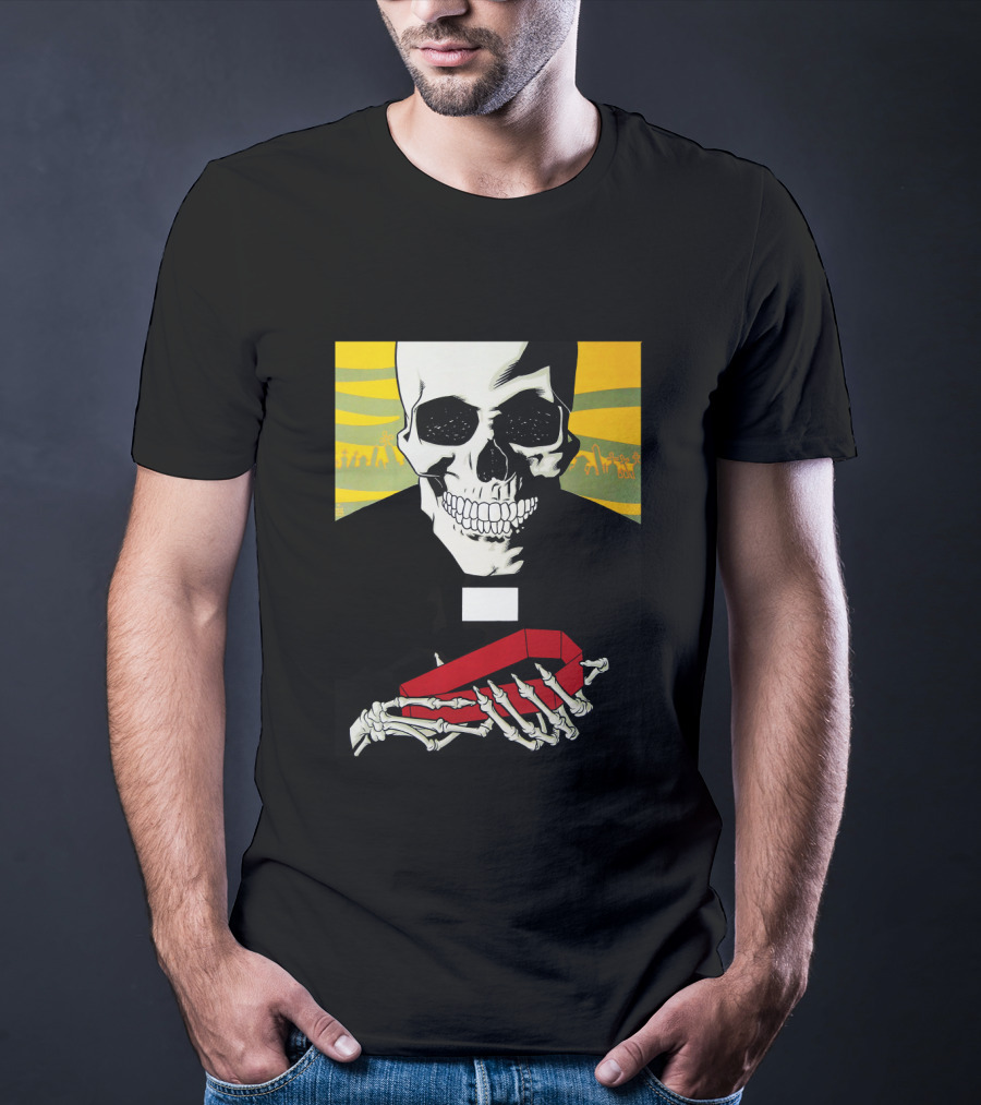 Bold Skeleton With Red Coffin On Striped Yellow T-Shirt