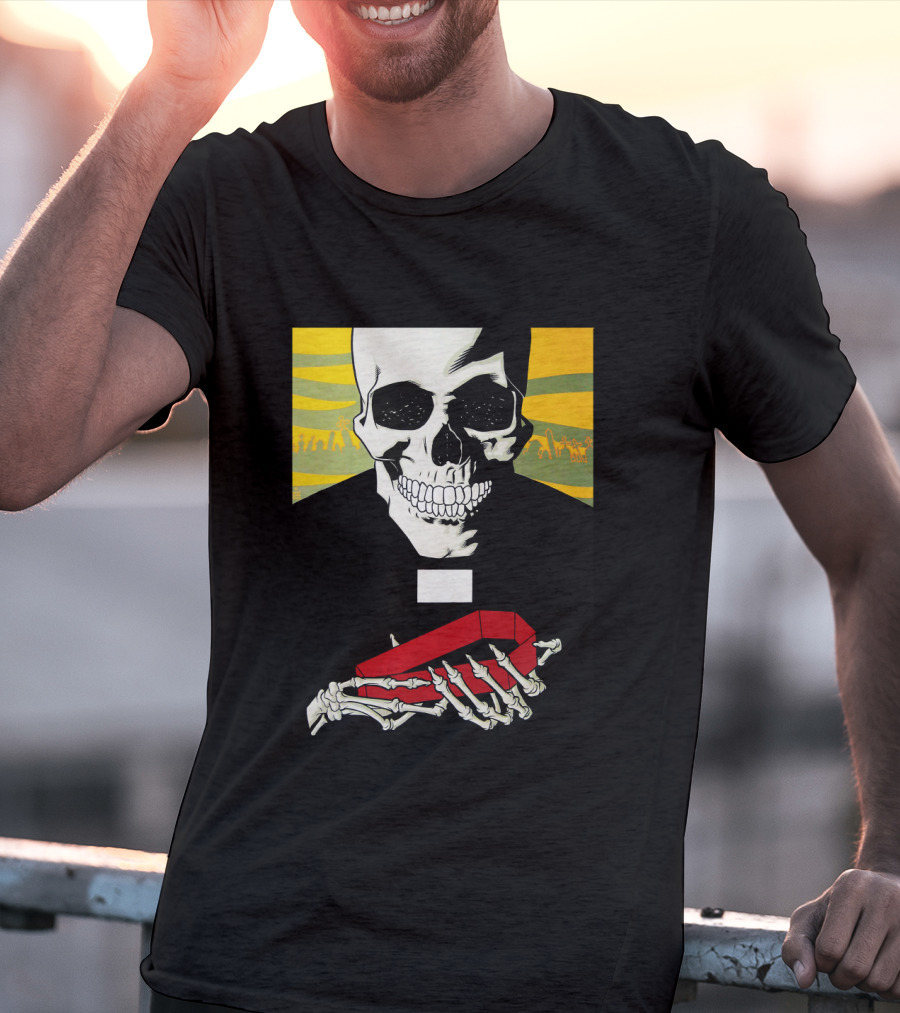 Bold Skeleton With Red Coffin On Striped Yellow T-Shirt