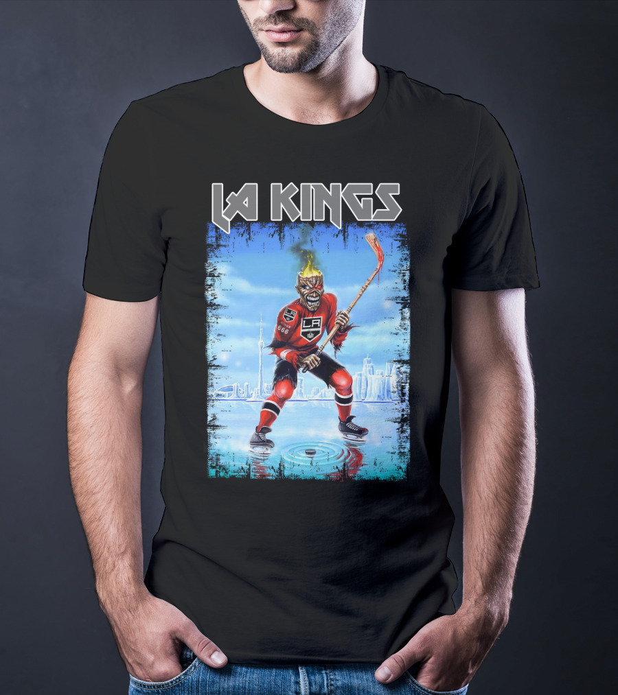 La Kings Fiery Hockey Player With Skyscraper T-Shirt