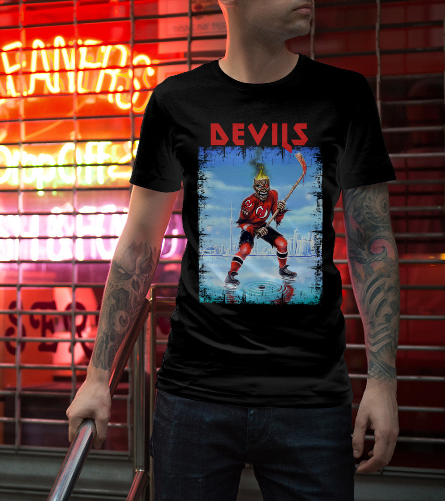 New Jersey Devils Hockey Fiery Demon Skater 666 City Skyline T-Shirt