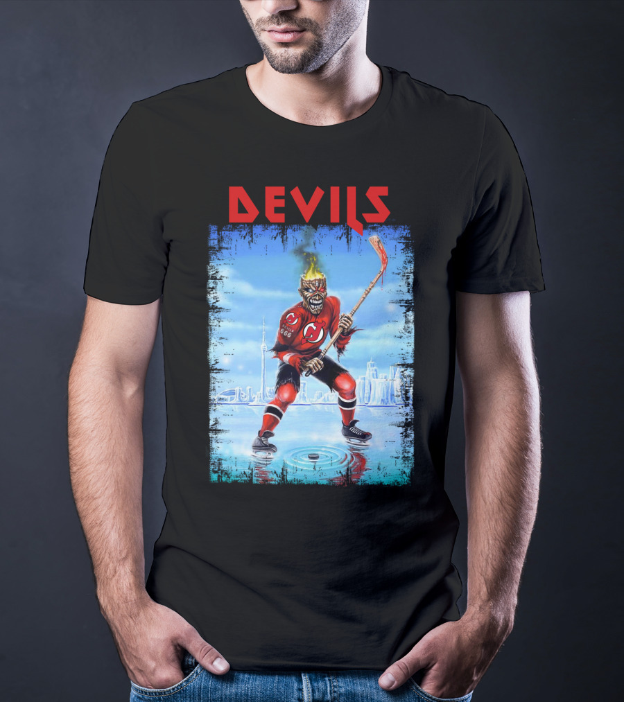 New Jersey Devils Hockey Fiery Demon Skater 666 City Skyline T-Shirt