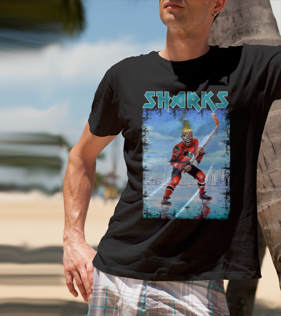 Sharks Hockey Fiery Skeleton Player On Ice T-Shirt