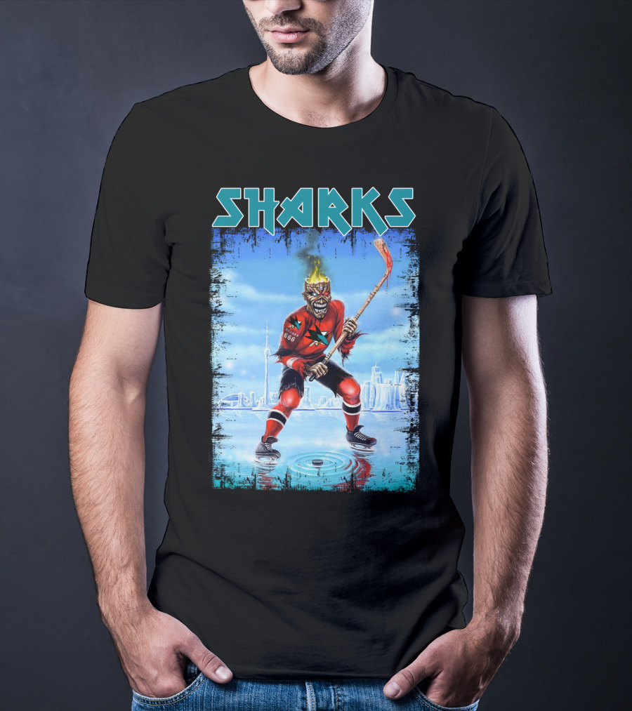 Sharks Hockey Fiery Skeleton Player On Ice T-Shirt