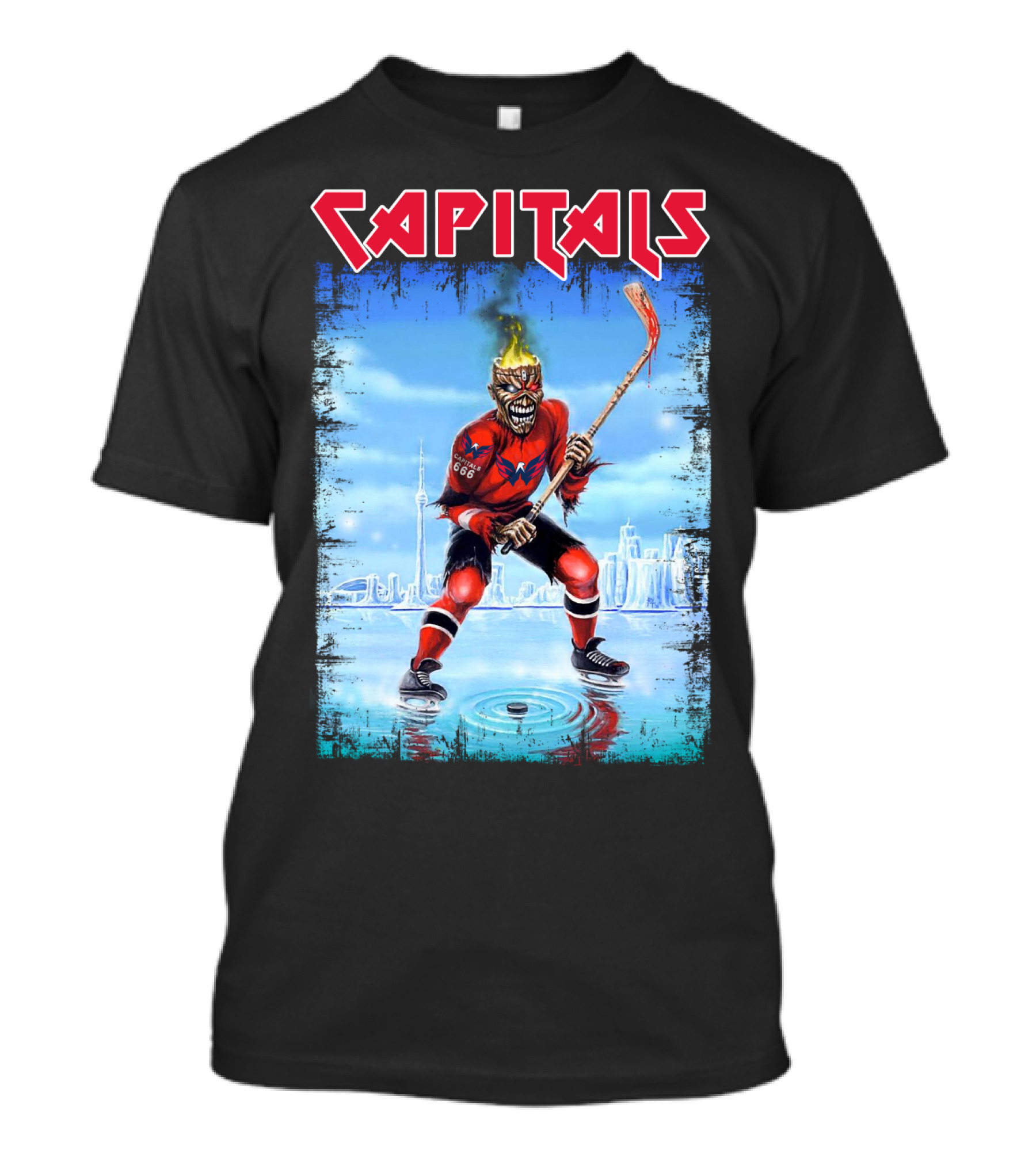 Capitals Hockey Player With Fiery Head And Hockey Stick On Ice With Cityscape T-Shirt