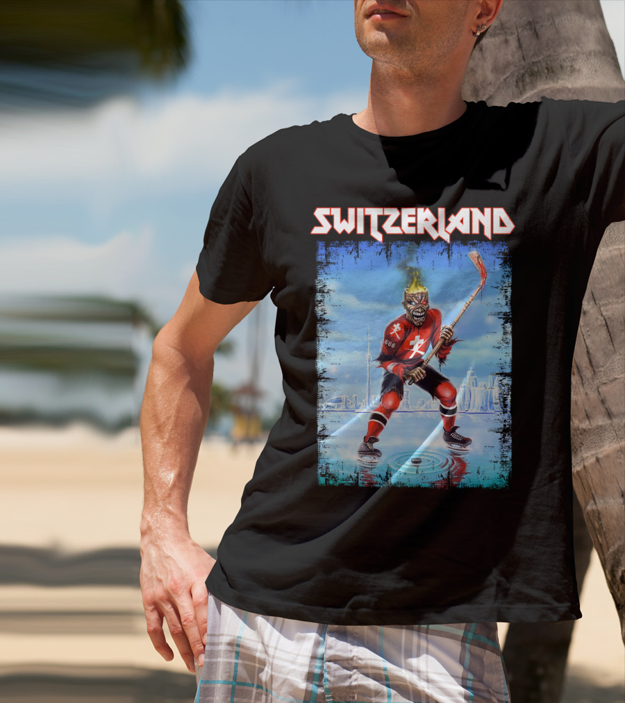 Switzerland Ice Hockey Skeleton With Flaming Head And Hockey Stick 666 Red Uniform Urban Ice Rink T-Shirt