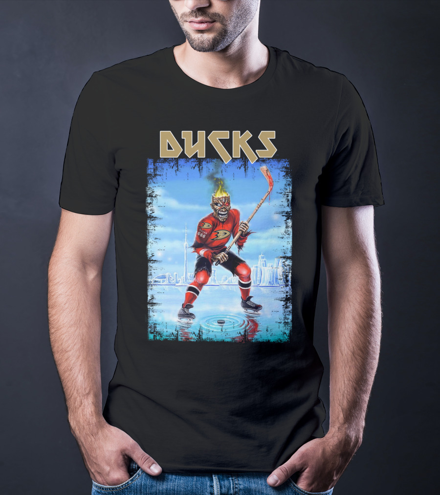 Ducks Hockey Player With Skeleton Face And Flaming Hair In Red Jersey T-Shirt