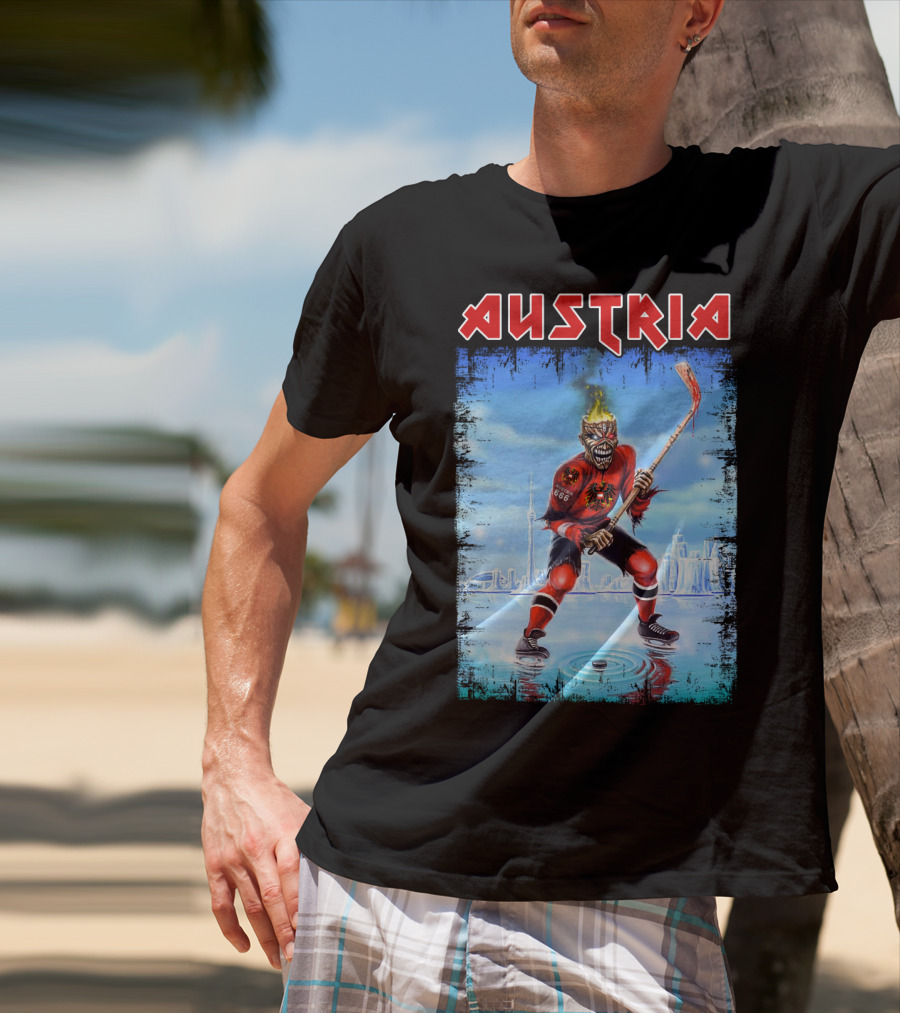 Austria Hockey Skeleton With Red And Black Flames And Vienna Skyline T-Shirt