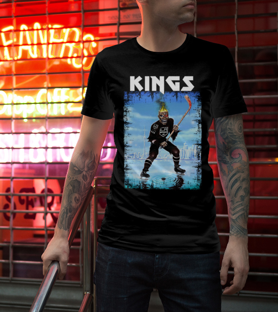 Kings Los Angeles Hockey Fiery Skull Player Ice Skating Scene T-Shirt