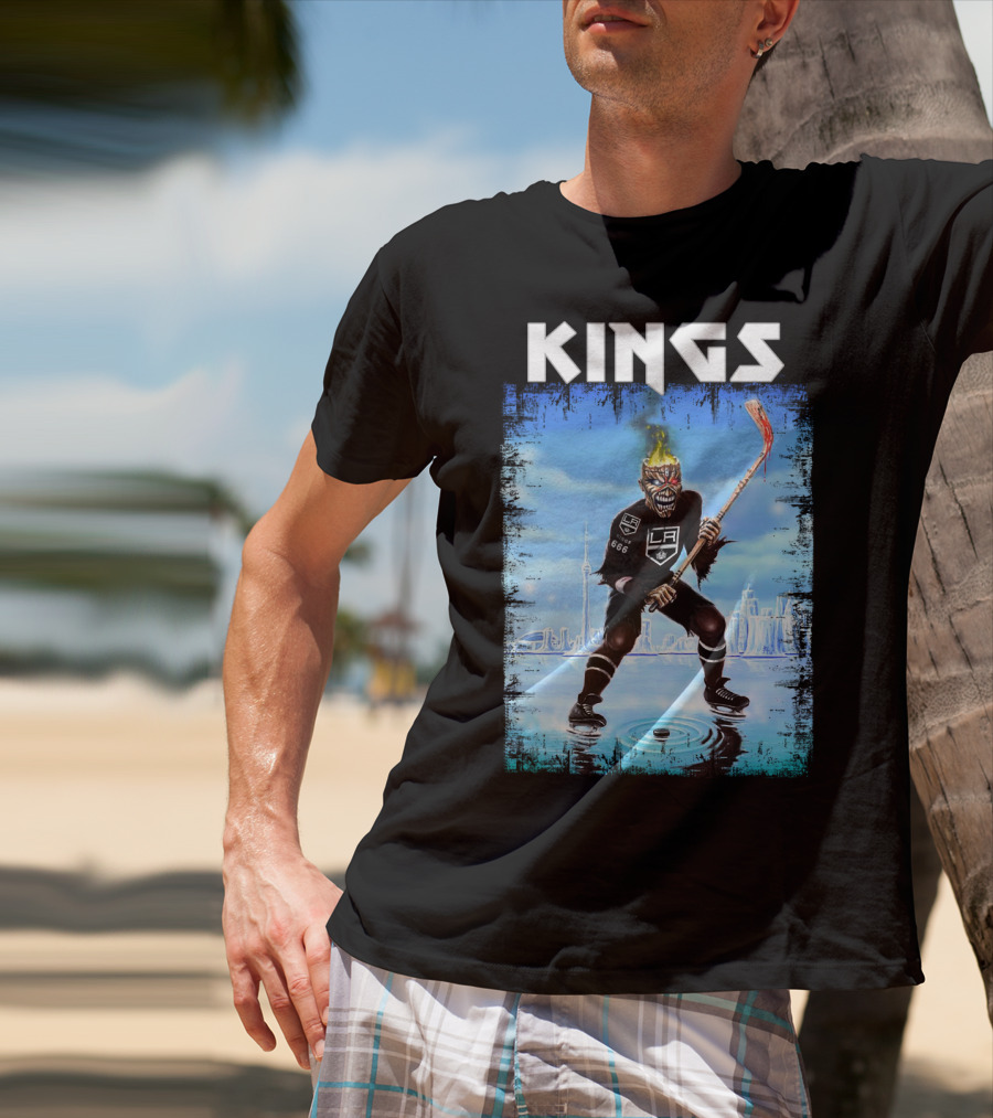 Kings Los Angeles Hockey Fiery Skull Player Ice Skating Scene T-Shirt