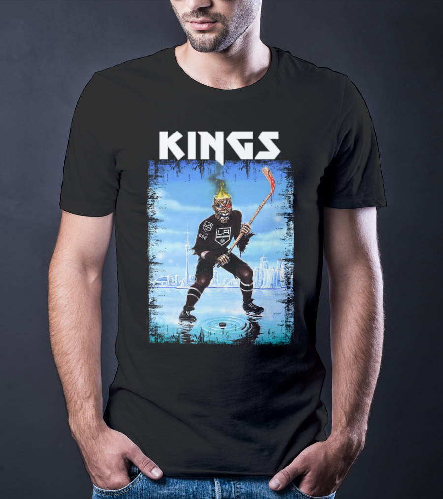 Kings Los Angeles Hockey Fiery Skull Player Ice Skating Scene T-Shirt