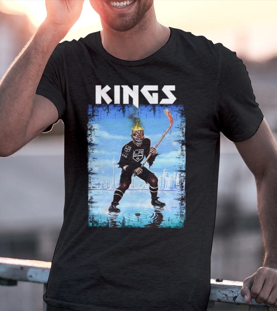Kings Los Angeles Hockey Fiery Skull Player Ice Skating Scene T-Shirt