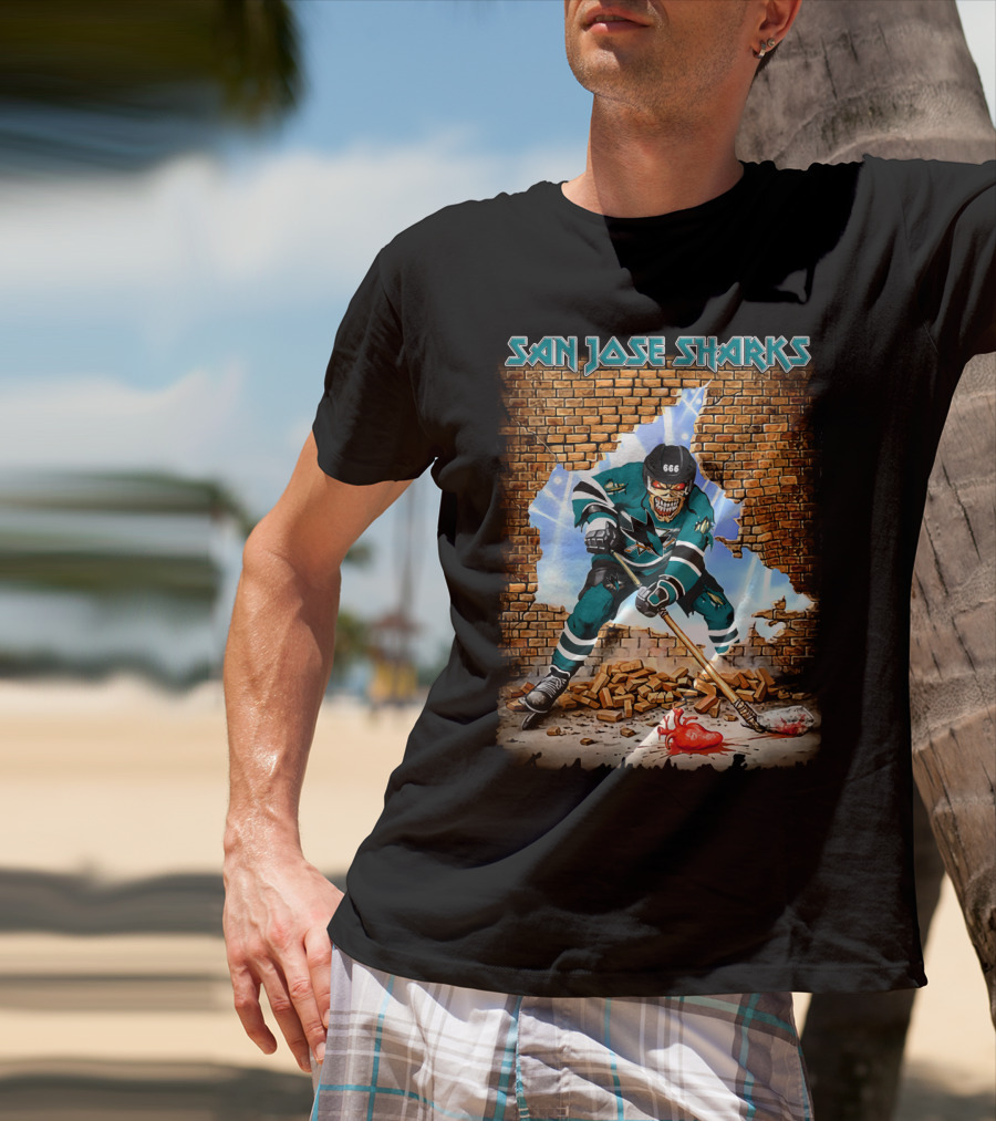 San Jose Sharks Skeleton Hockey Player Breaking Brick Wall T-Shirt