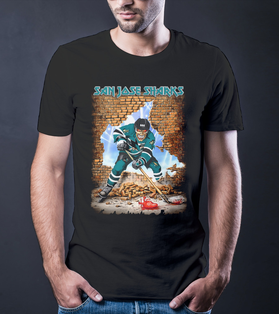 San Jose Sharks Skeleton Hockey Player Breaking Brick Wall T-Shirt