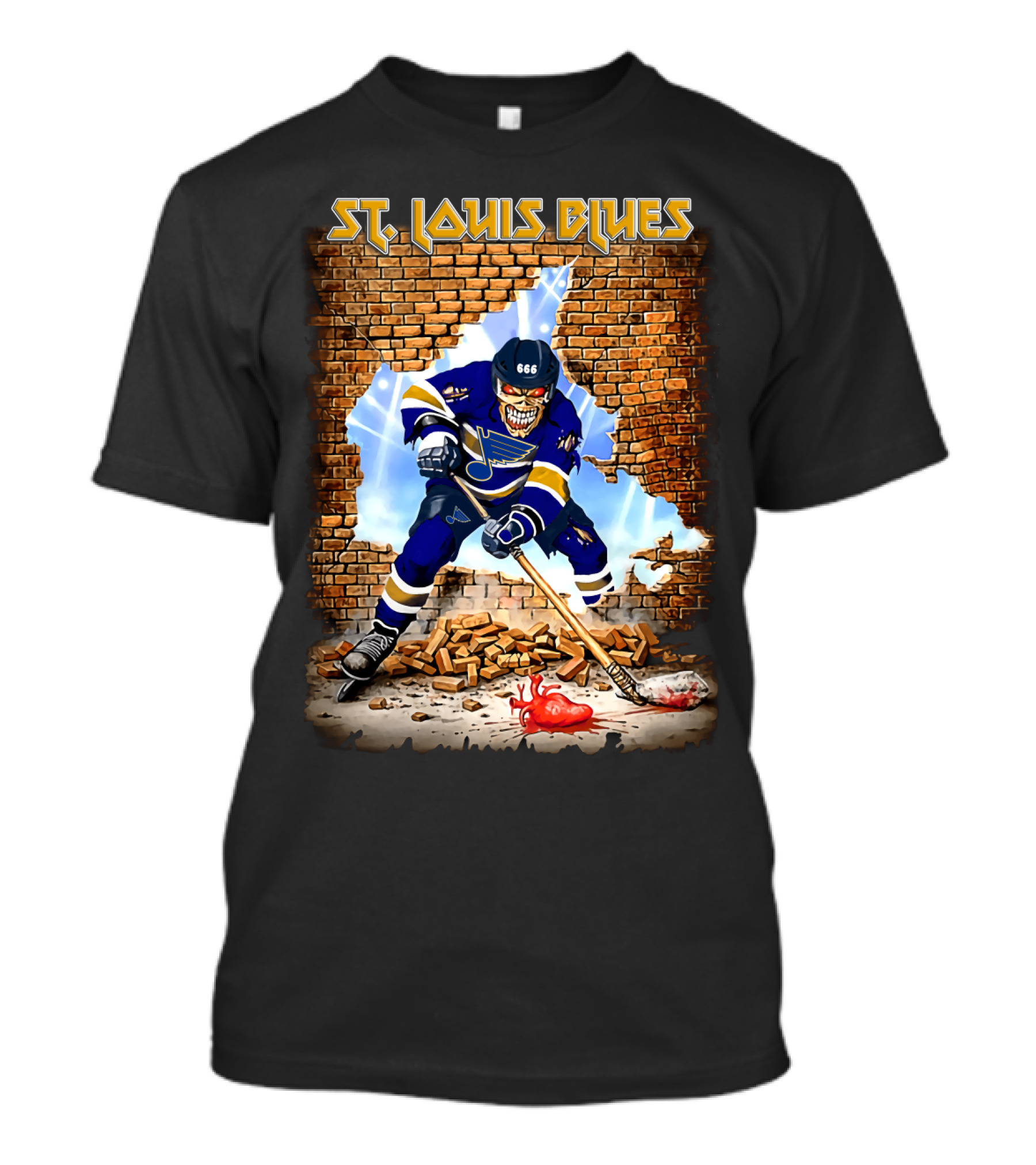 St. Louis Blues Hockey Skeleton Breaking Brick Wall T-Shirt