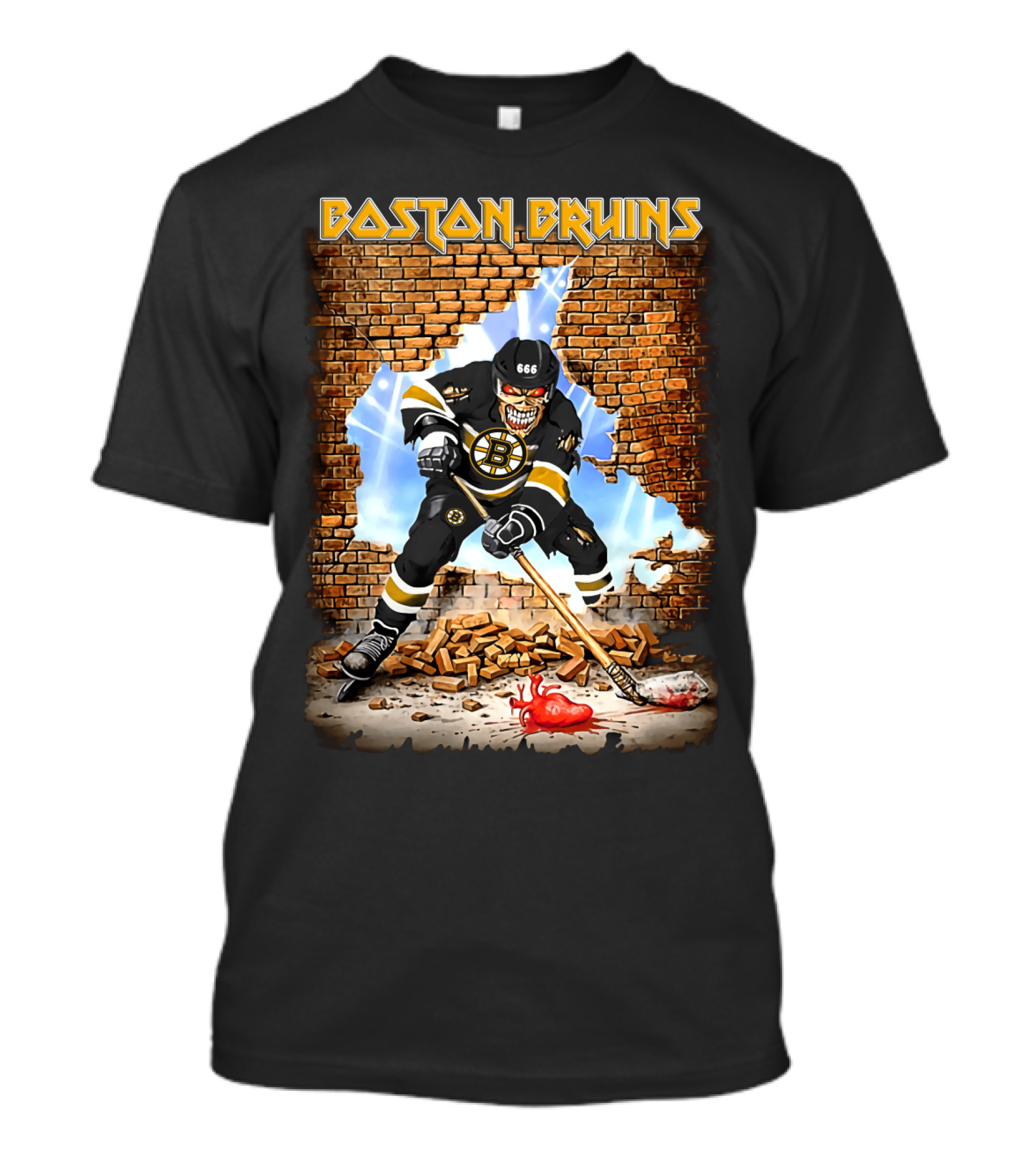 Boston Bruins Skeleton Hockey Player Breaking Through Wall T-Shirt