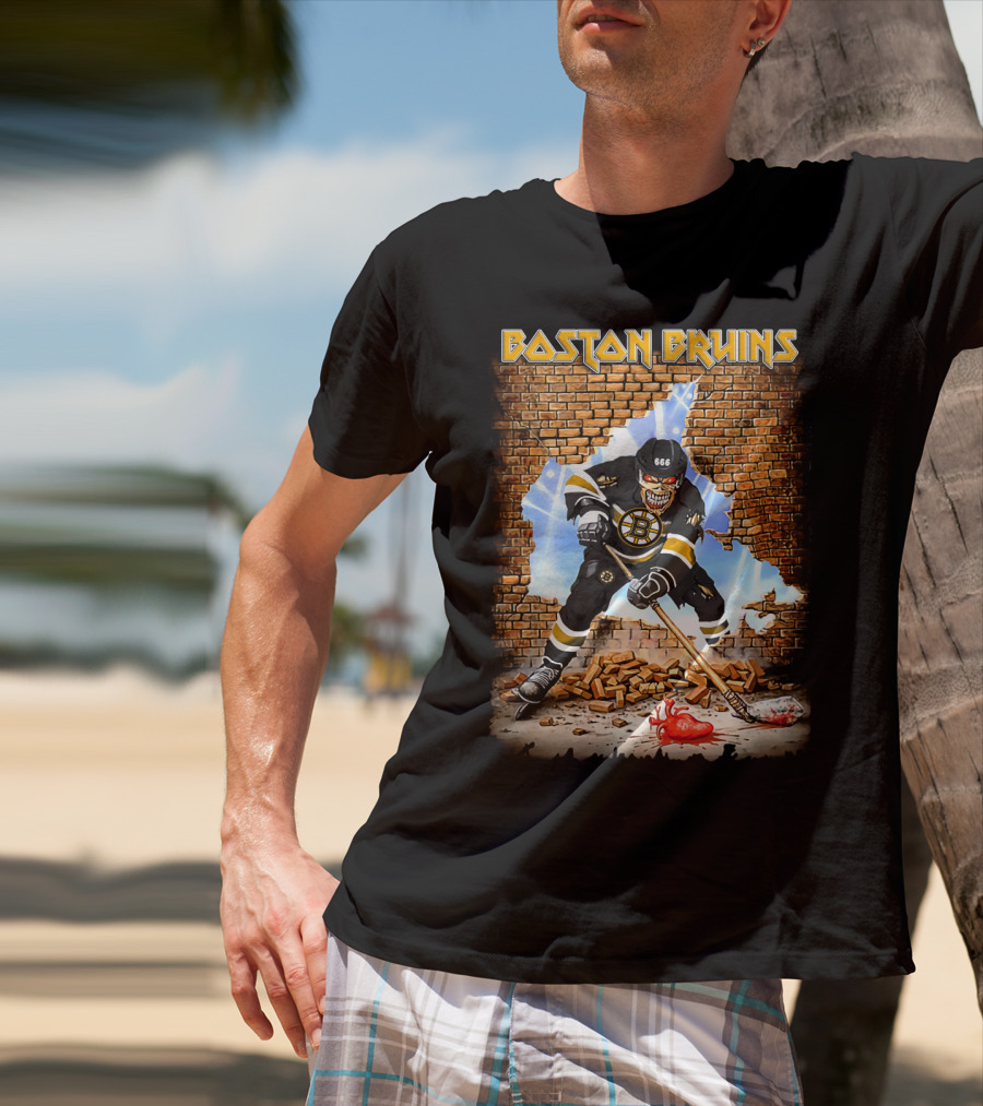 Boston Bruins Skeleton Hockey Player Breaking Through Wall T-Shirt