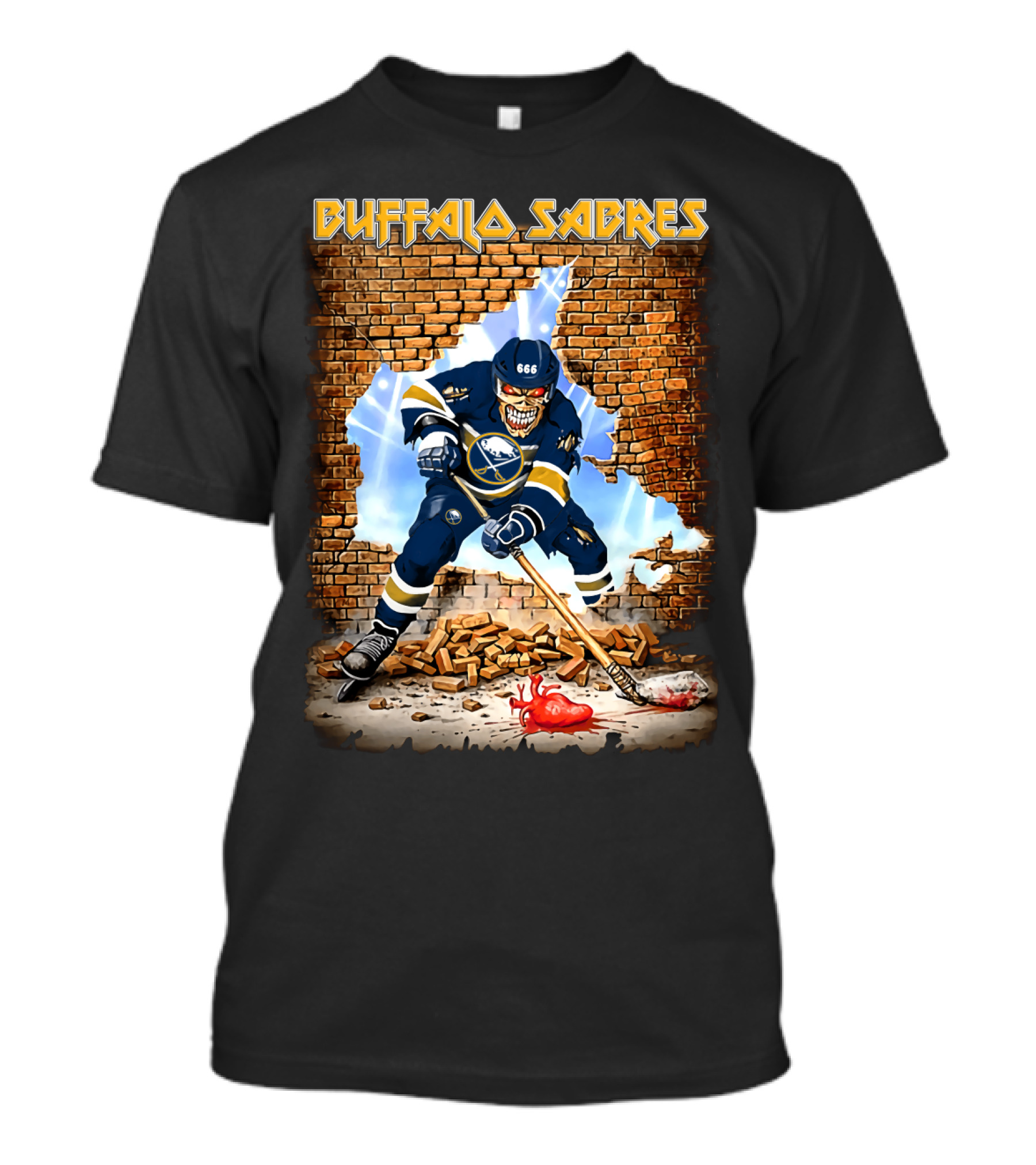 Buffalo Sabres Hockey Skeleton Breaking Wall With Puck And Heart T-Shirt