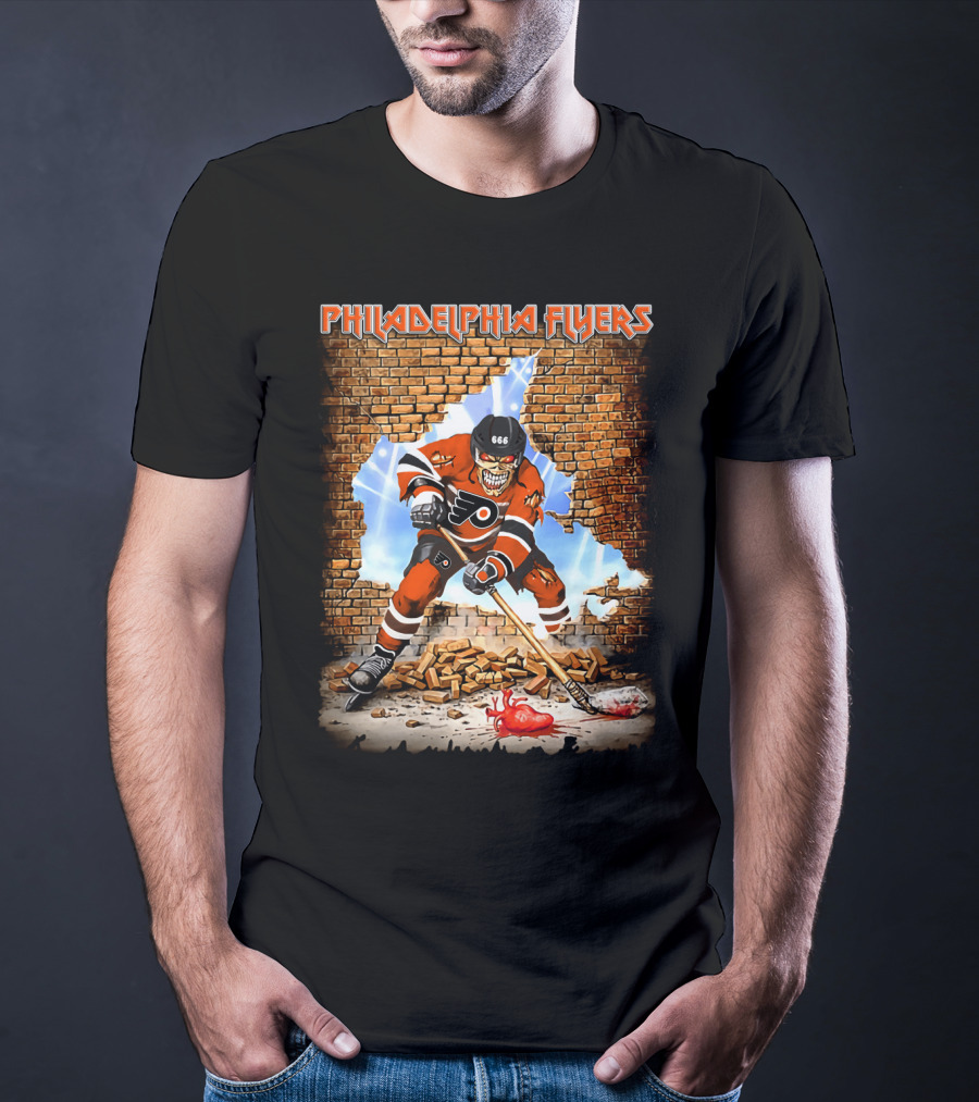 Philadelphia Flyers Skeleton Hockey Player Breaking Wall T-Shirt