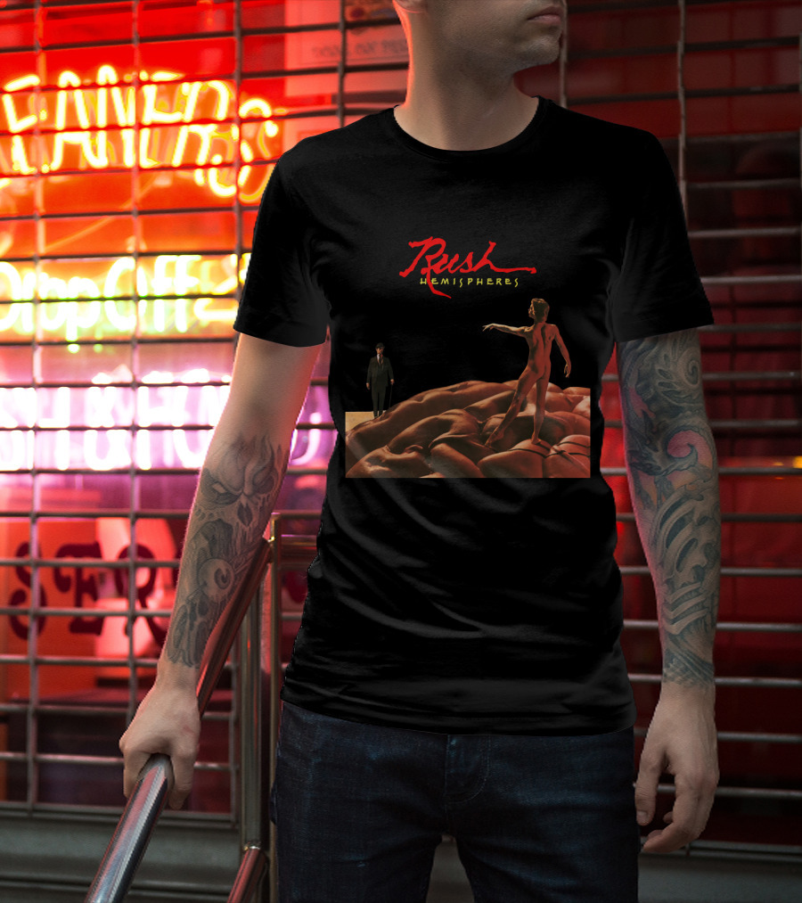 Rush Hemispheres Red Text Nude Figure On Brain With Man In Black Suit T-Shirt