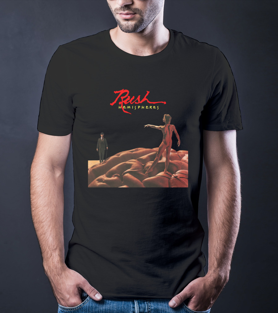 Rush Hemispheres Red Text Nude Figure On Brain With Man In Black Suit T-Shirt