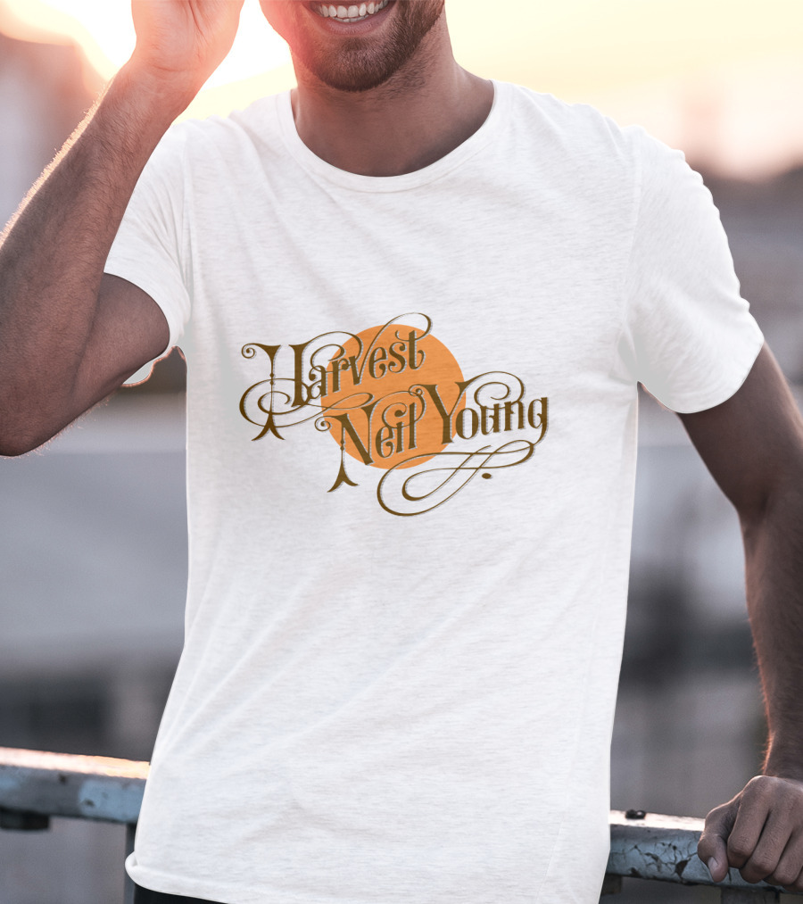 Neil Young Harvest Vintage Script Text With Orange Circle T-Shirt