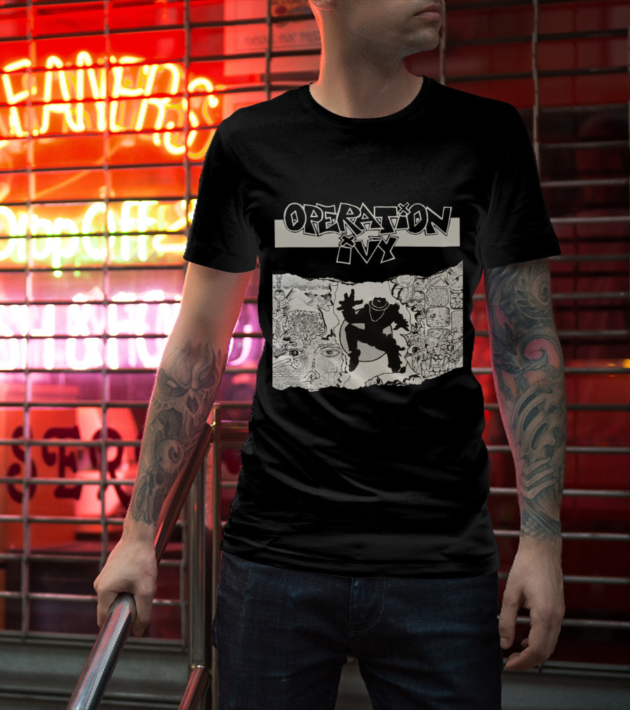 Operation Ivy Energy Album Cover Black And White Silhouetted Figure And Doodle Art T-Shirt