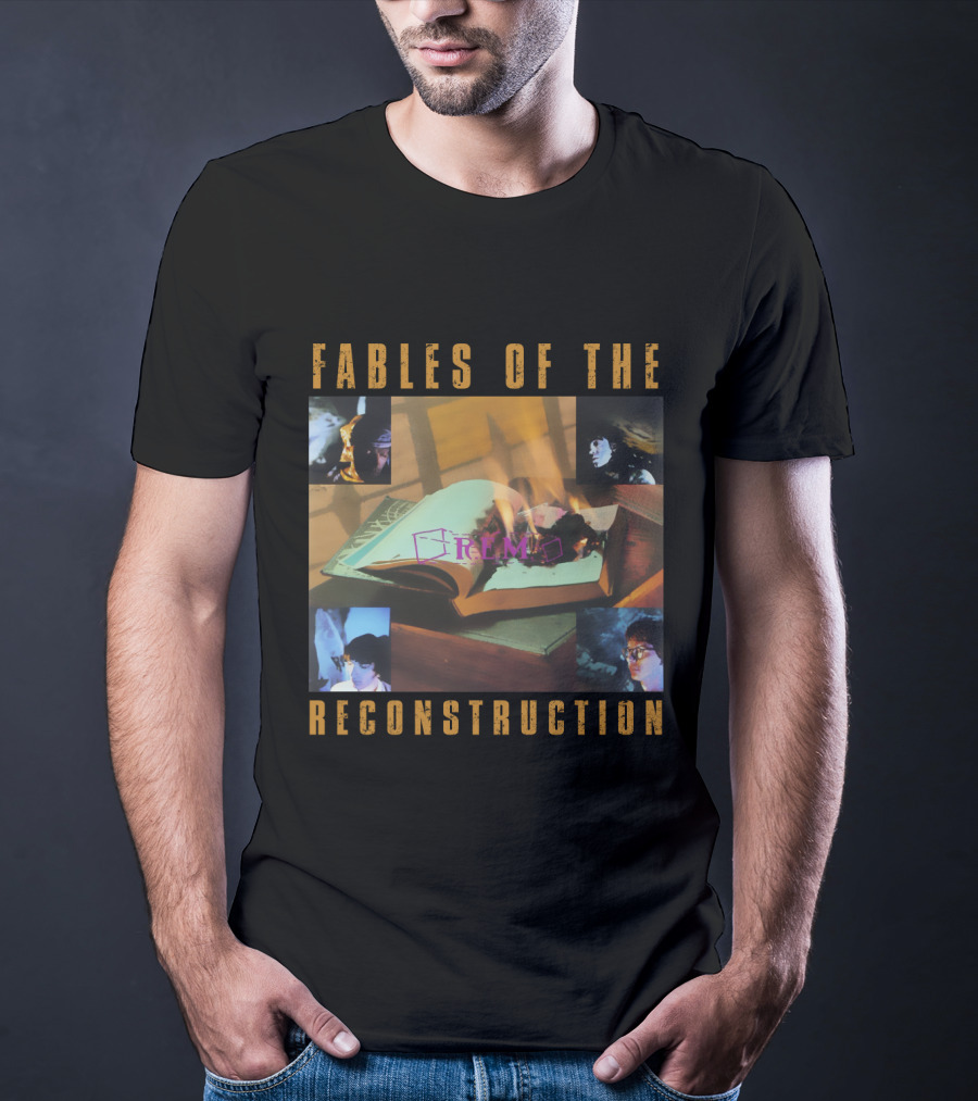 Fables Of The Reconstruction R.e.m Open Book With Burning Pages And Portraits T-Shirt