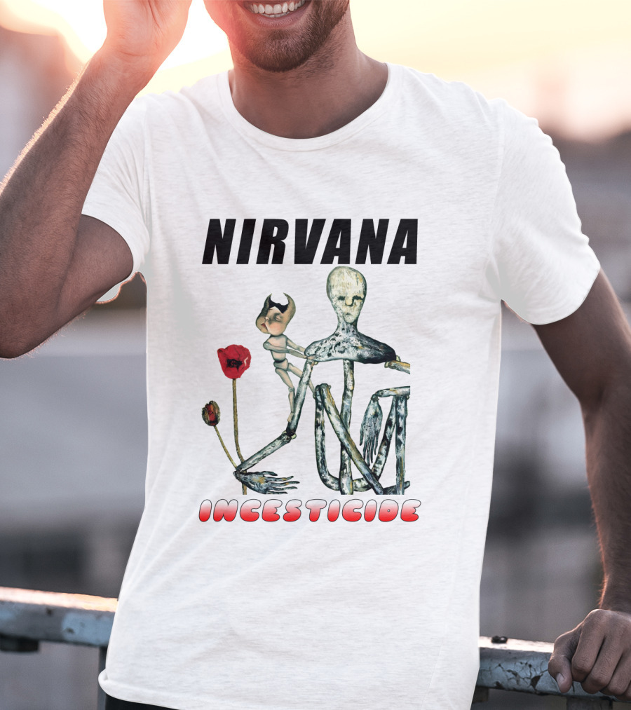 Nirvana Incesticide Album Cover Art With Surreal Skeleton Figure And Red Flowers T-Shirt