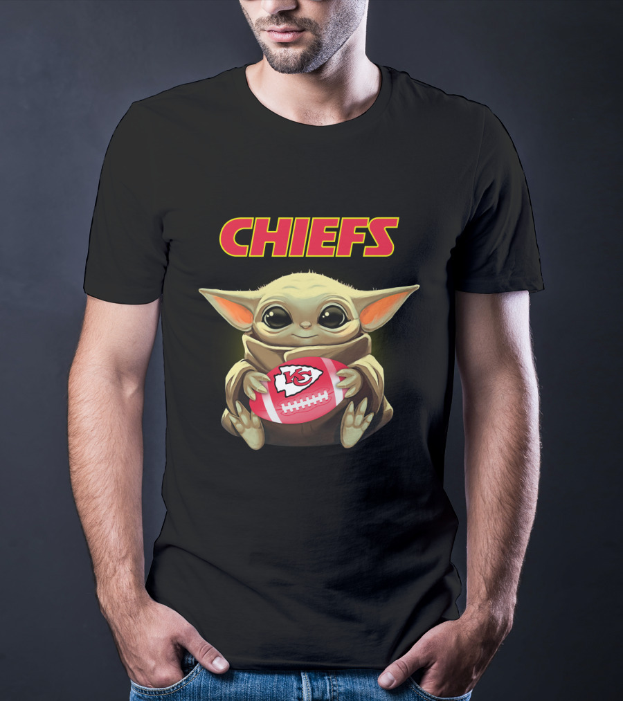 Chiefs Baby Yoda Holding Kansas City Football T-Shirt