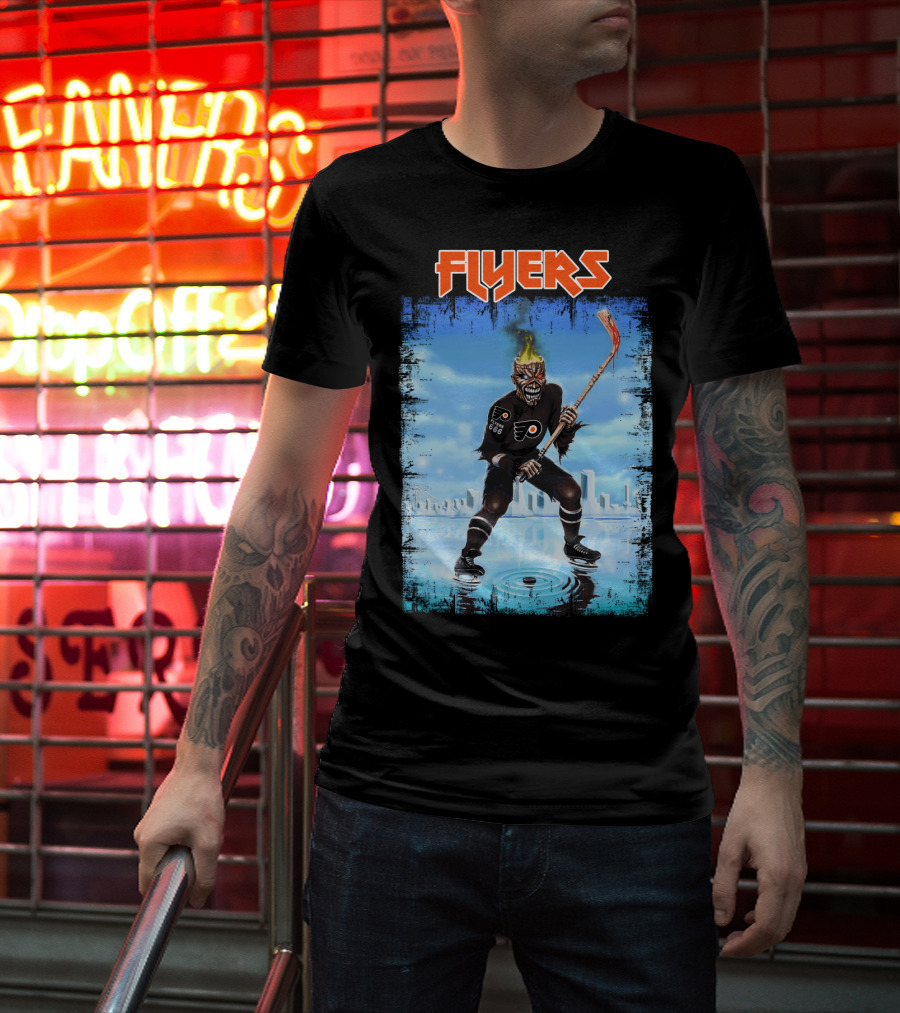 Flyers Hockey Demon With Flaming Head And Stick In Ice City Background T-Shirt