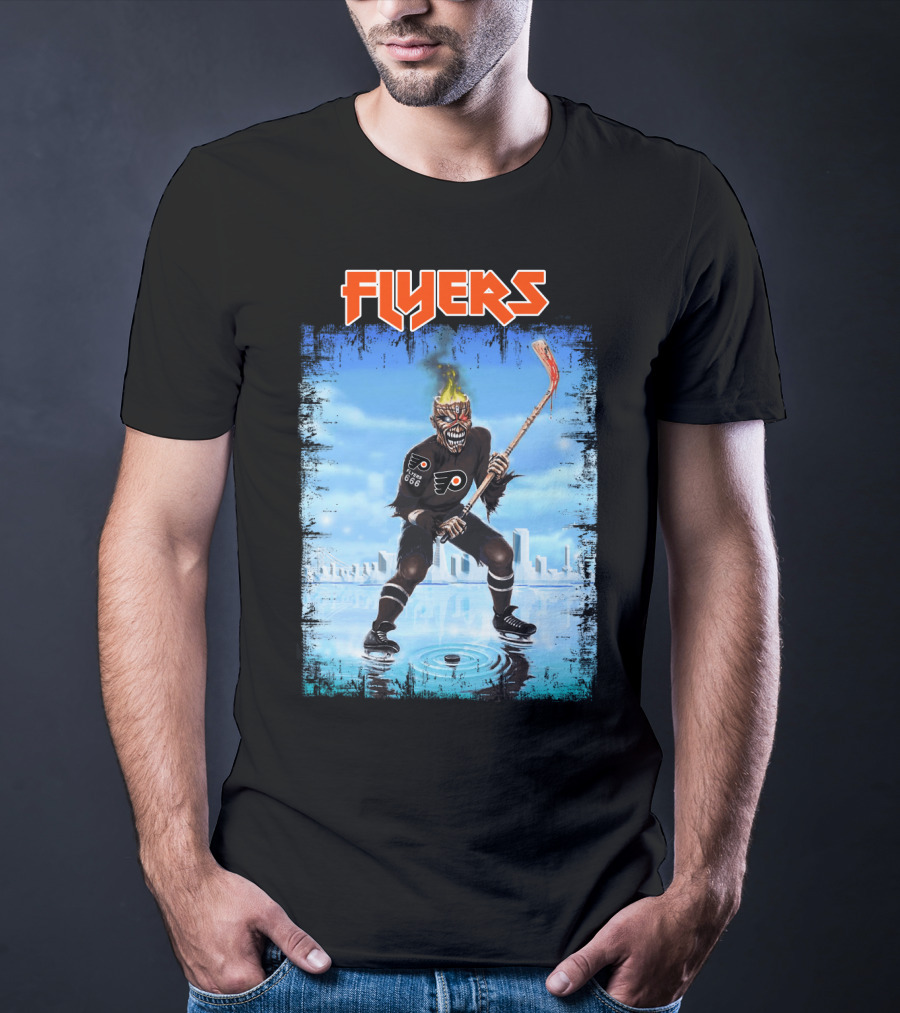 Flyers Hockey Demon With Flaming Head And Stick In Ice City Background T-Shirt