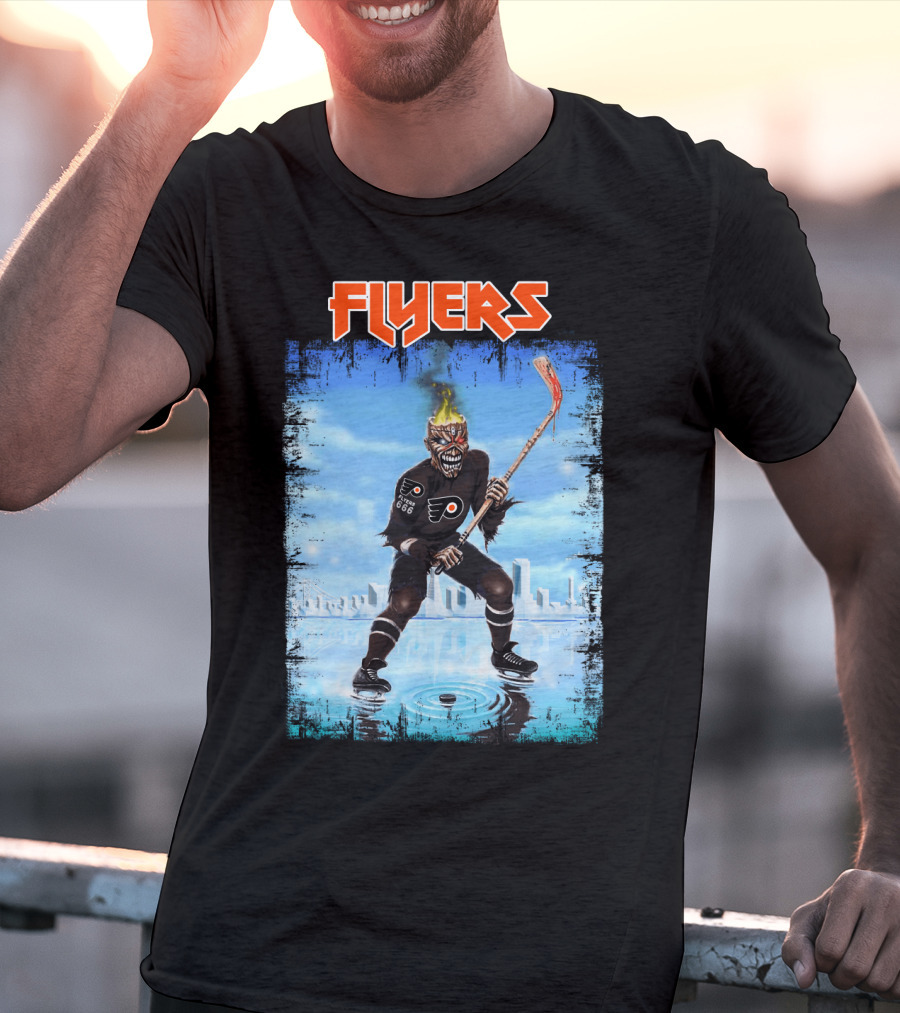 Flyers Hockey Demon With Flaming Head And Stick In Ice City Background T-Shirt