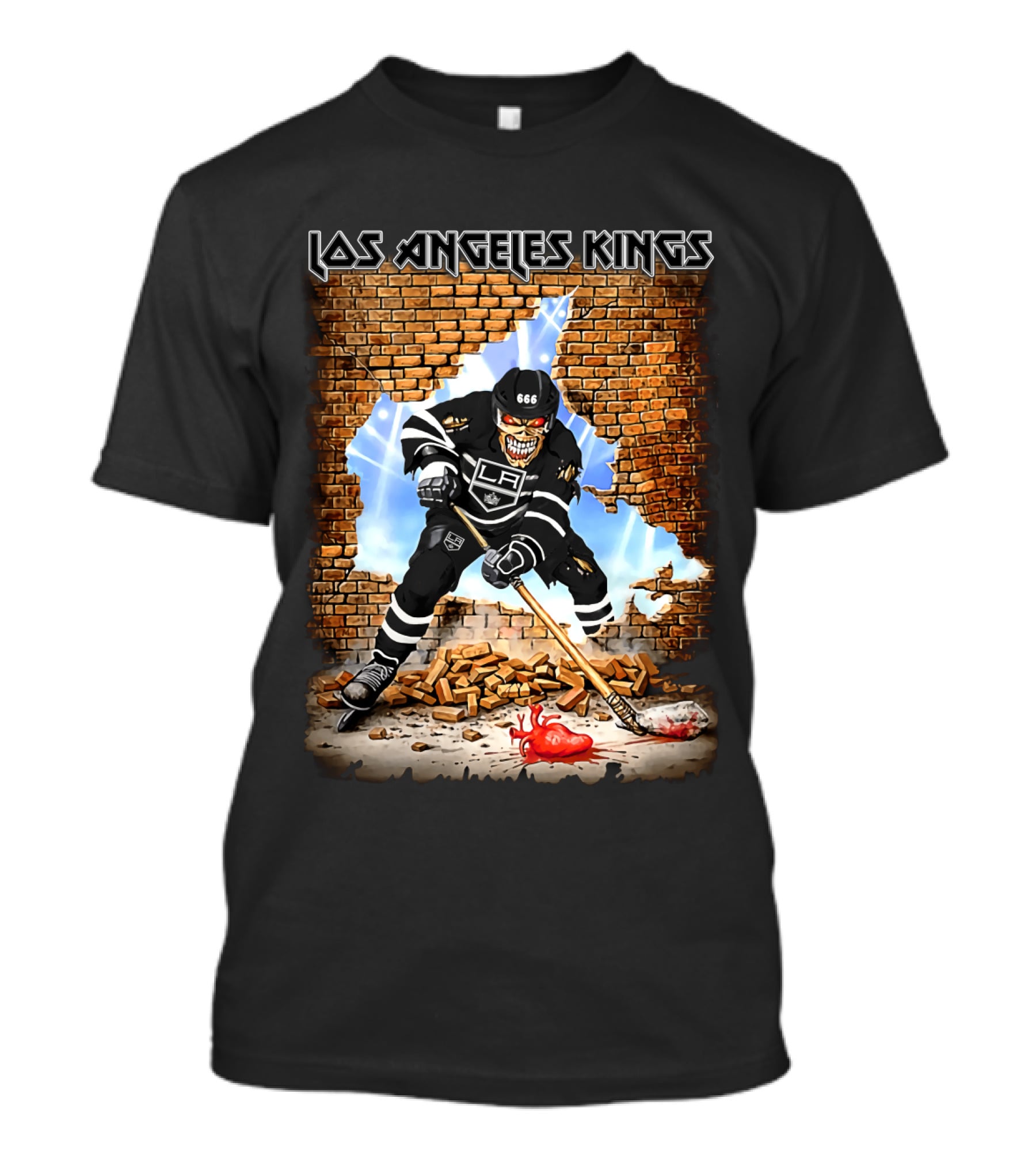 Los Angeles Kings Hockey Skeleton Breaks Wall With Heart Puck T-Shirt