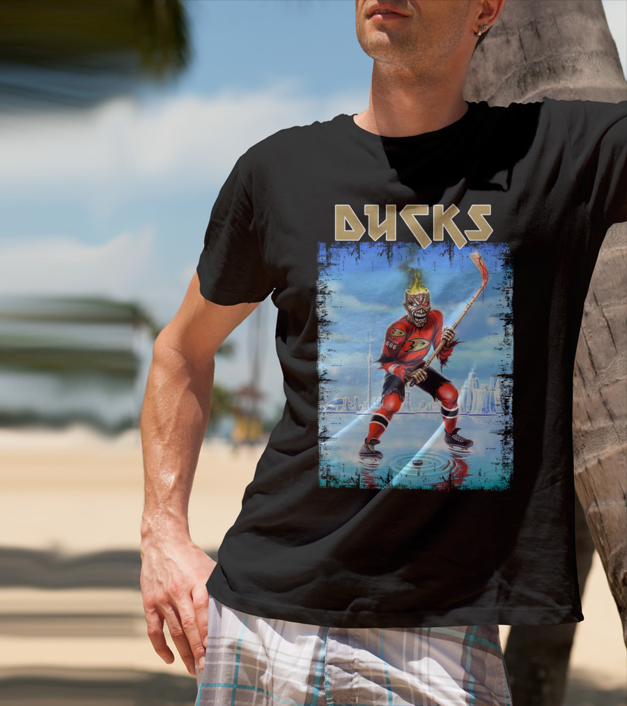 Anaheim Ducks Hockey Skeleton Warrior Skating On Ice T-Shirt