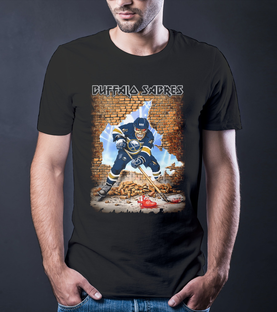 Buffalo Sabres Skeleton Hockey Player Breaking Brick Wall T-Shirt