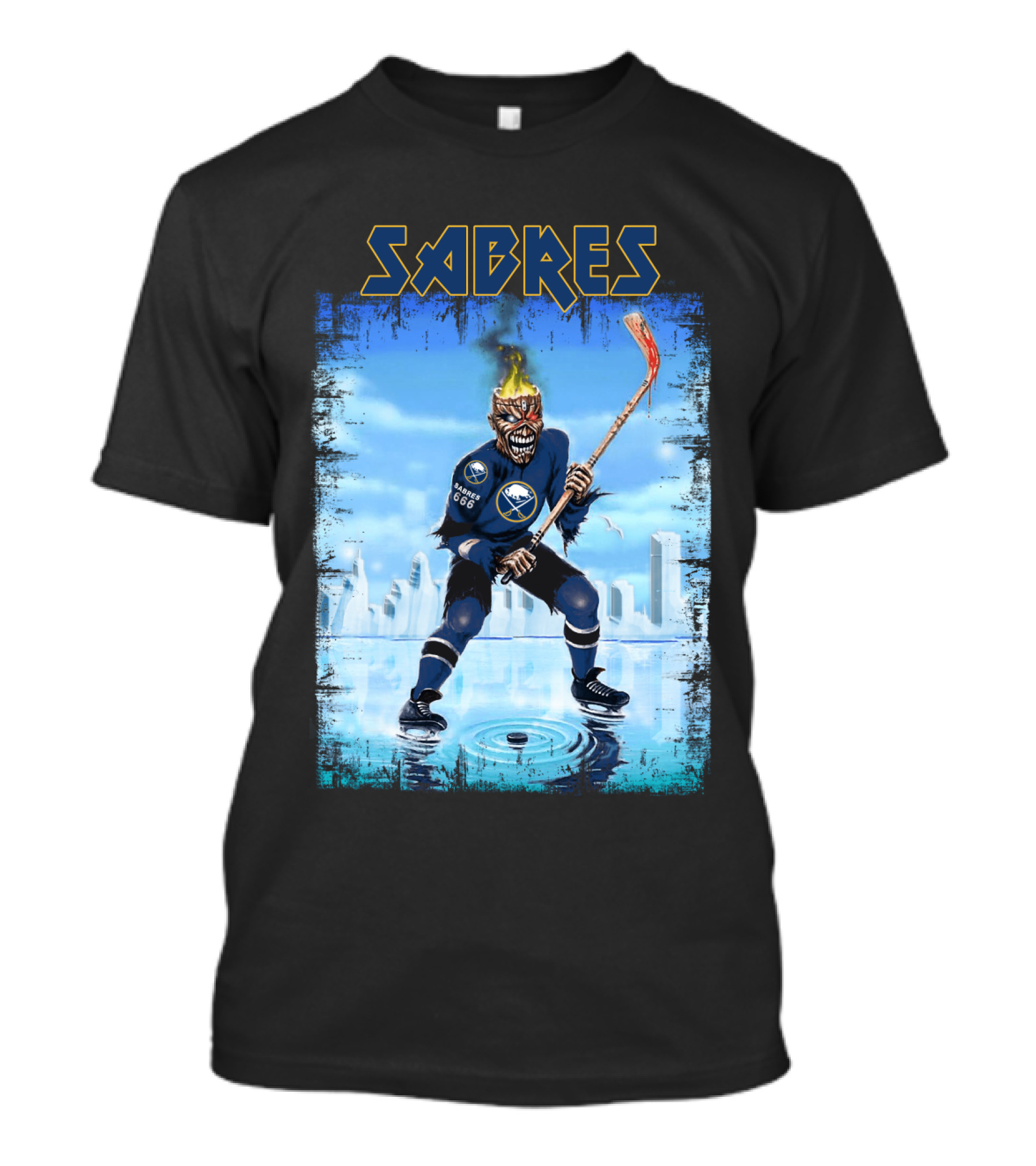 Sabres Hockey Themed Artwork With Dark Background And Fiery T-Shirt