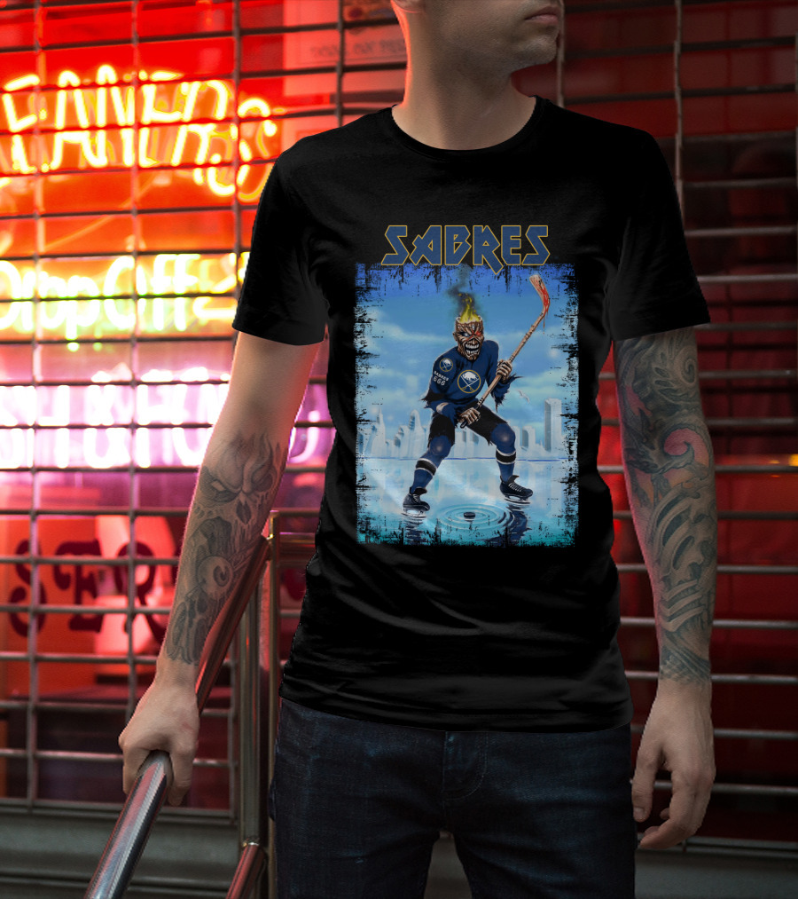 Sabres Hockey Themed Artwork With Dark Background And Fiery T-Shirt