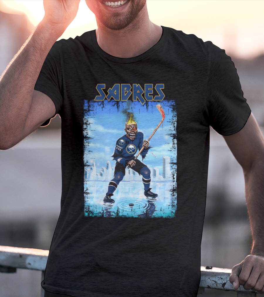 Sabres Hockey Themed Artwork With Dark Background And Fiery T-Shirt