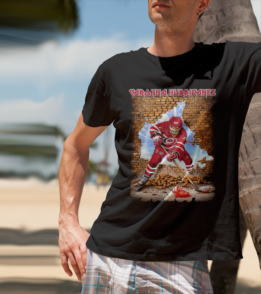 Carolina Hurricanes Skeleton Hockey Player Brick Wall T-Shirt