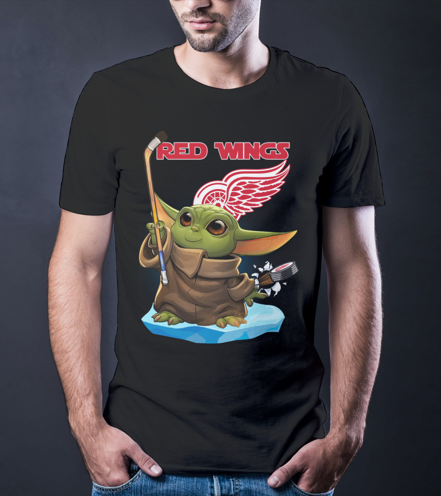 Red Wings Baby Yoda Hockey Stick NHL Frozen Puck T-Shirt