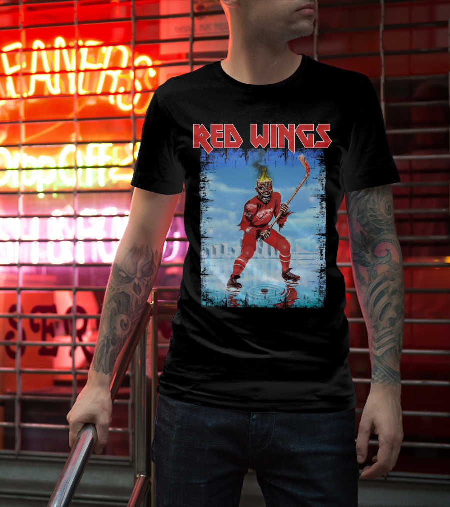 Red Wings Flaming Demon Hockey Player On Ice With Detroit Cityscape T-Shirt