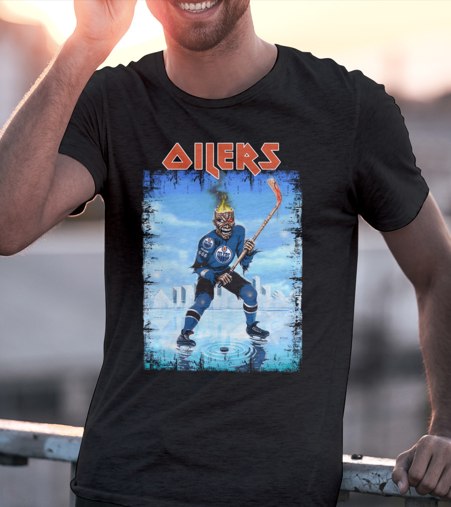 Oilers Edmonton Hockey Player With Fiery Skull And Hockey Stick T-Shirt