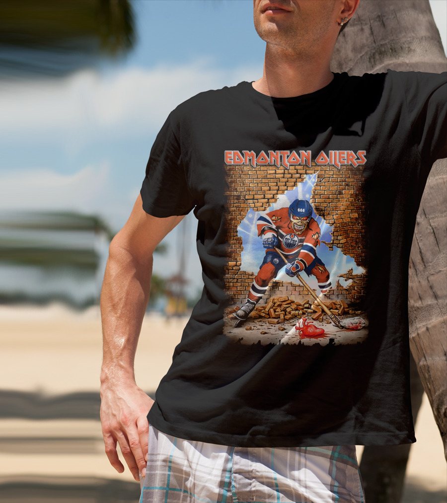 Edmonton Oilers Hockey Skeleton Breaks Through Brick Wall T-Shirt