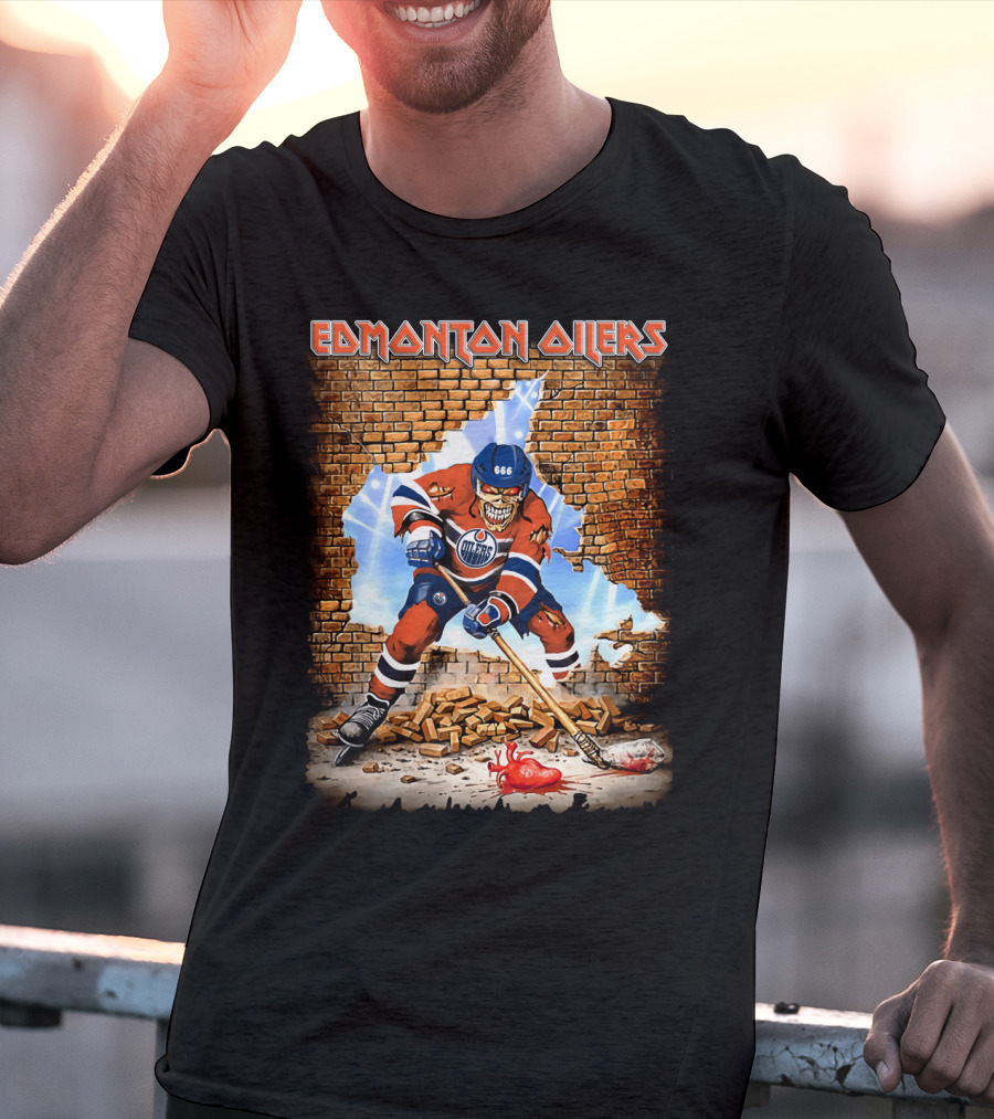 Edmonton Oilers Hockey Skeleton Breaks Through Brick Wall T-Shirt