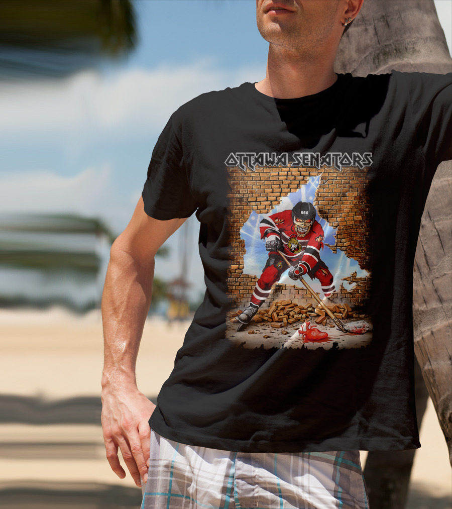 Ottawa Senators Skeleton Hockey Player Breaking Through Brick Wall T-Shirt